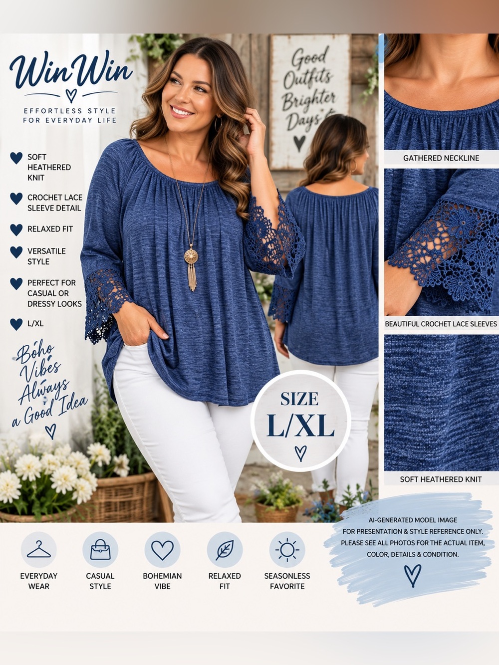 WinWin Heathered Blue Crochet Lace Sleeve Boho Tunic Top L/XL